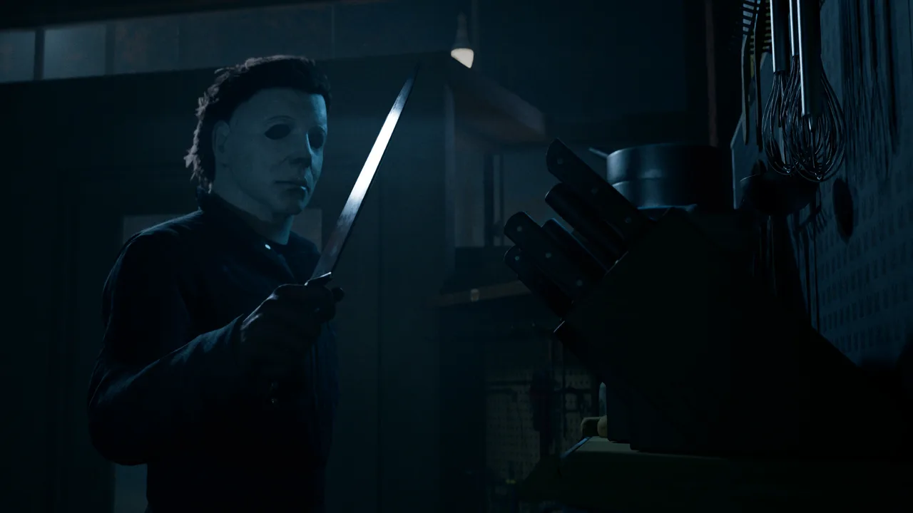 Official screenshot of Michael Myers in a Haddonfield kitchen holding a knife