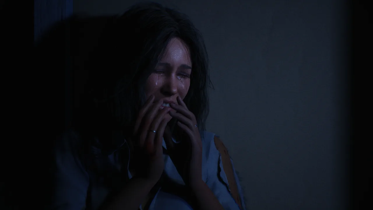 Official close-up screenshot of a distressed civilian woman with tears, hands raised to her mouth