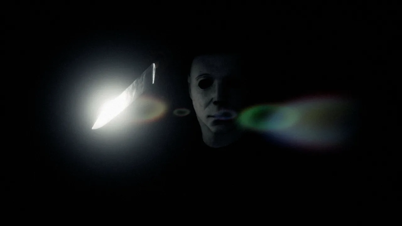 Official screenshot of Michael Myers emerging from darkness with a kitchen knife catching a highlight
