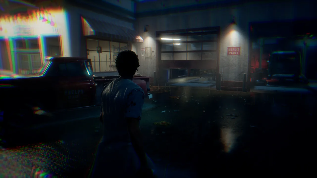 Official screenshot of a civilian near Phelps Garage at night with a red pickup truck