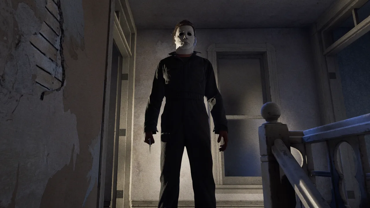 Official screenshot of Michael Myers on a staircase inside a damaged Haddonfield house