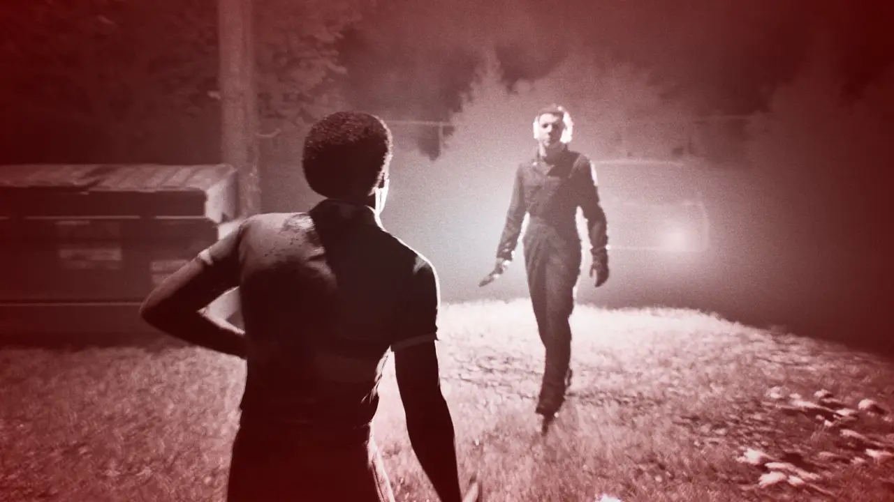 Official red-tinted screenshot of Michael Myers approaching a civilian near fog and car headlights