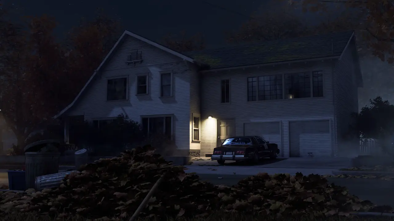 Official night screenshot of an upscale two-story Haddonfield house with a period sedan in the driveway
