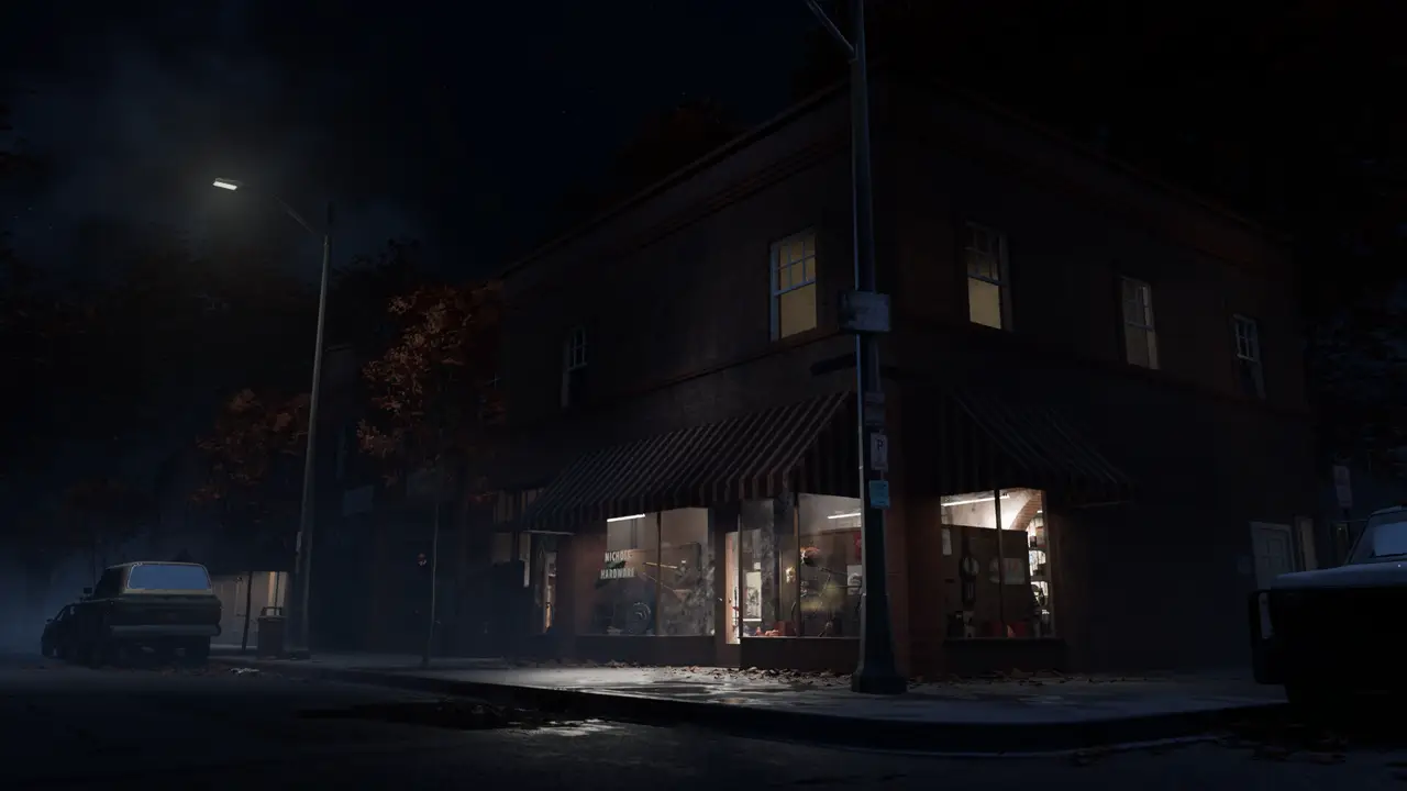 Official night screenshot of Nichols Hardware with the pale mask in the window