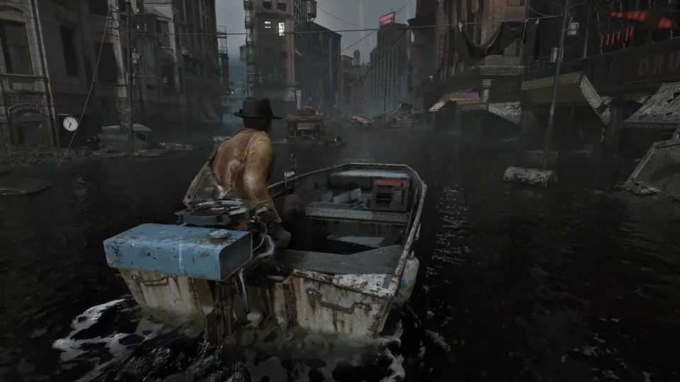 Calvin travels by motorboat through a flooded Arkham street