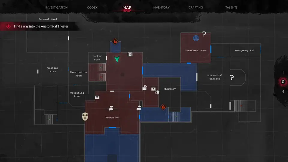 Akeley Memorial Hospital floor map with named rooms and objectives