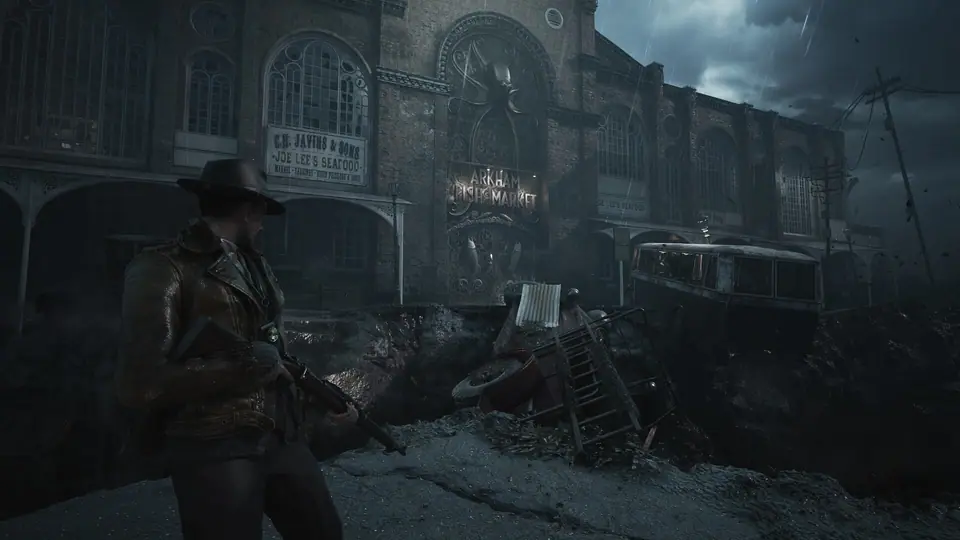 Calvin approaches the Arkham Fish Market across a flooded street