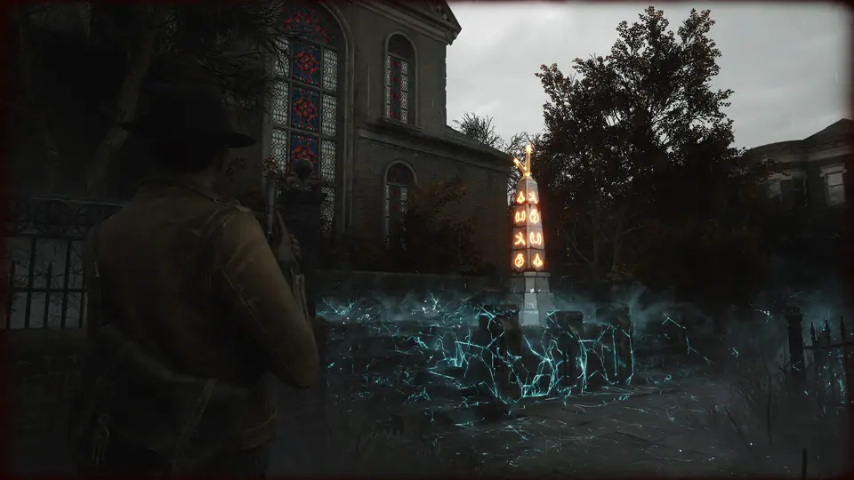 Calvin faces the glowing symbol obelisk outside Redemption Church