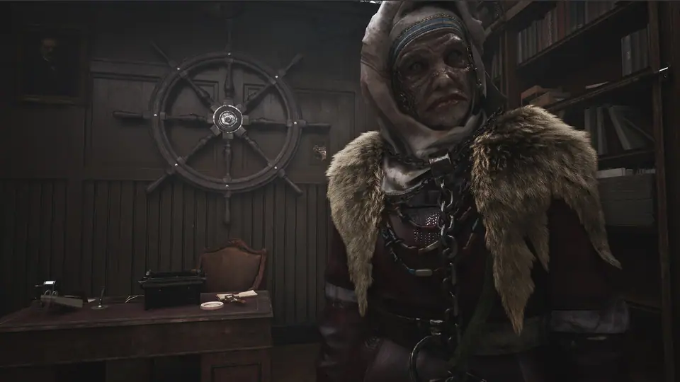 A masked character stands in front of a circular wall mechanism