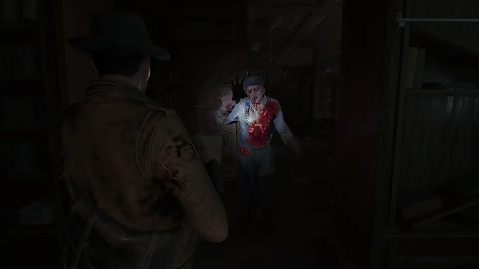 Calvin aims at a bloodied humanoid enemy inside a dark room
