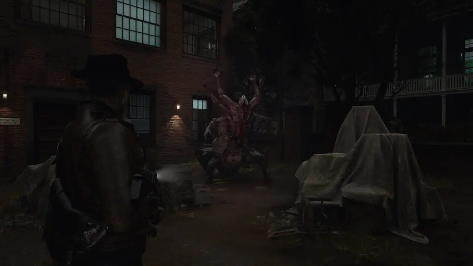 Calvin faces a large multi-limbed eldritch creature in an enclosed courtyard